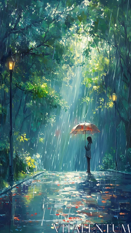 Girl with red umbrella in rainy forest path at dusk.