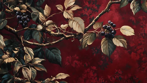 Grape-laden branches against deep red patterned background.
