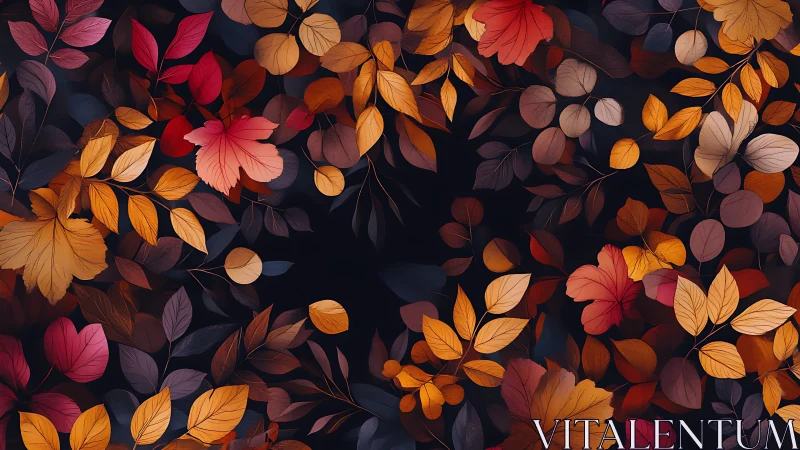 Autumnal foliage pattern with multicolored leaves on dark field.