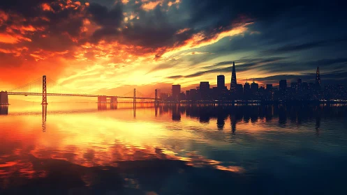 High contrast city skyline and suspension bridge under dramatic sunset