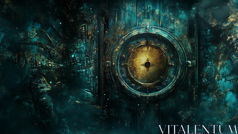 Ancient golden vault door glows within a misty teal abyss