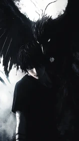Dark winged creature looming behind solemn anime boy.