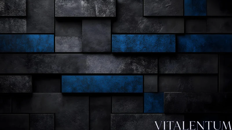 Modern dark geometric wall with blue accents, textured abstract style.