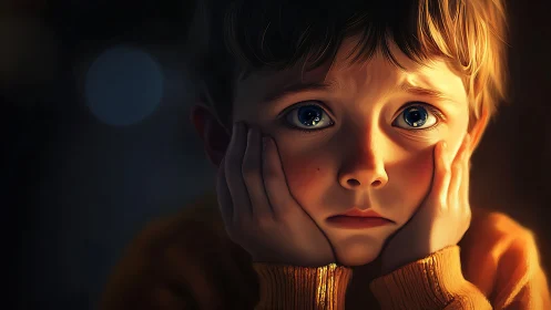 Digital painting portrait of pensive child in warm chiaroscuro.