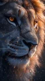 High-detail lion portrait with rim lighting and floating embers