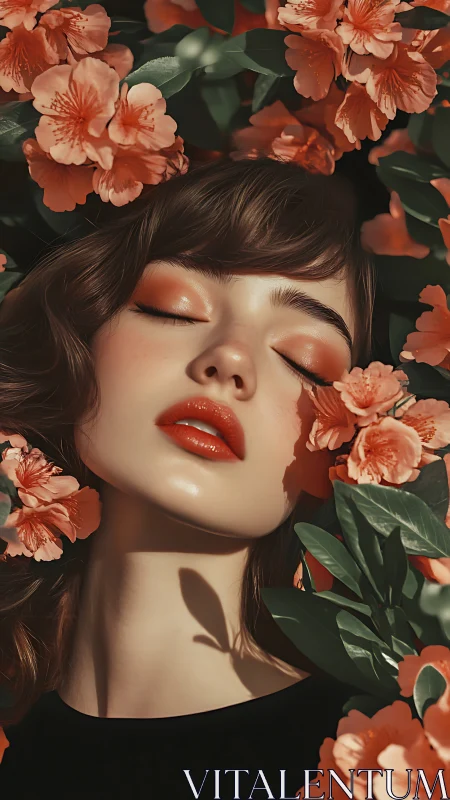 Chromatic portrait of serene female face embedded in azaleas.