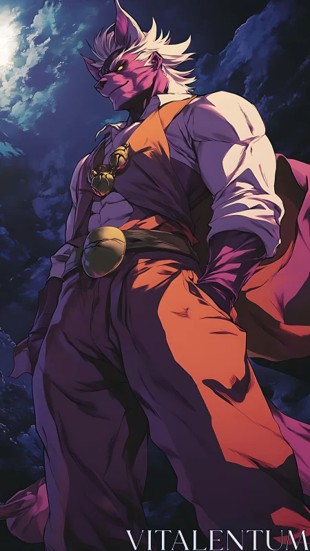 Anthropomorphic figure stands in low-angle night scene