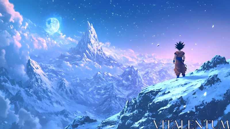 Solitary anime warrior surveys icy alpine range under luminous moon