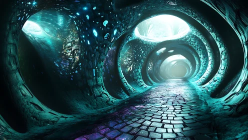 Glowing stone tunnel inviting you toward a soft unknown.