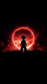 Silhouetted warrior stands before a blazing red moon.