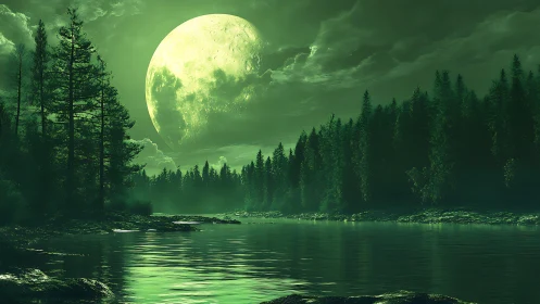 Emerald night river under oversized moonlit conifer forest