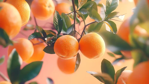 Ripe oranges hang on glossy branches under warm sunset light