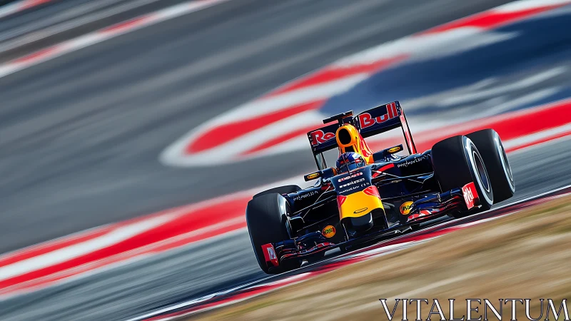 Scarlet racing circuit bends around a flying F1 missile.