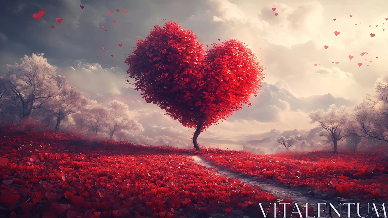 Heart-shaped tree blooms beneath romantic sky.