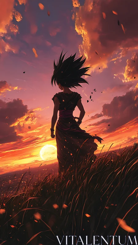 Silhouetted anime figure on hillside overlooking sunset sky.