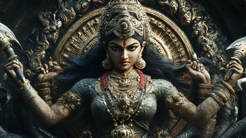 Fierce warrior goddess stands radiant in ornate golden armor
