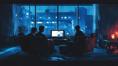 Developers collaborate in neon-lit apartment at night