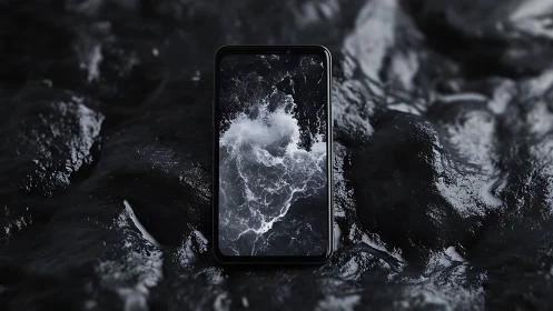 Storm-touched smartphone cradled in glossy black waves.