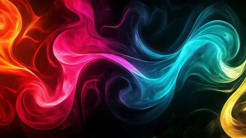 Multicolored luminous swirls curve across dark background.