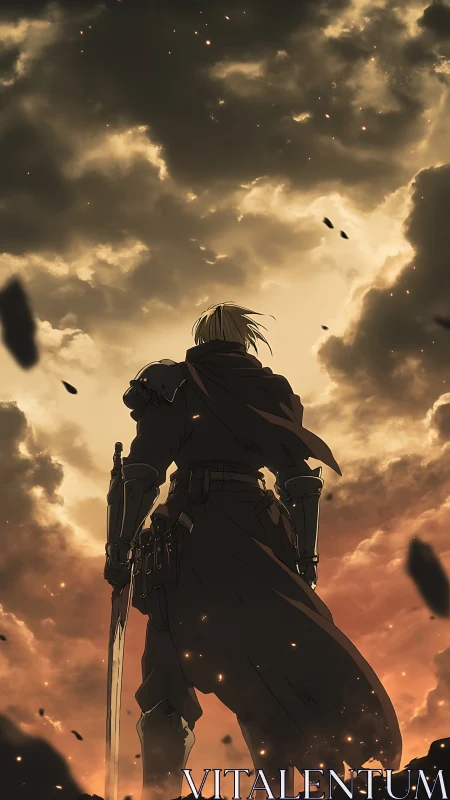 Armored figure stands under dense clouds with drifting embers