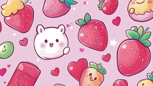 Cute strawberry pattern surrounds smiling white bear head