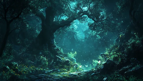 Enchanted forest grotto with luminous magical atmosphere.