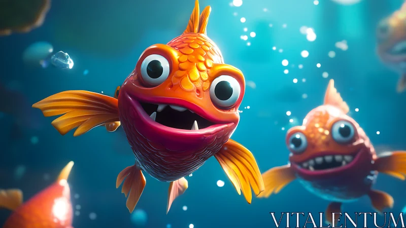 Cheerful cartoon goldfish glide through a sparkling blue sea