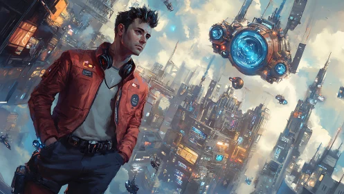 Man stands over dense futuristic city with hovering drones