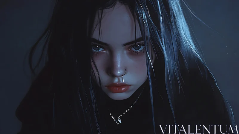 Moody close-up portrait with cold rim lighting and glossy skin shading