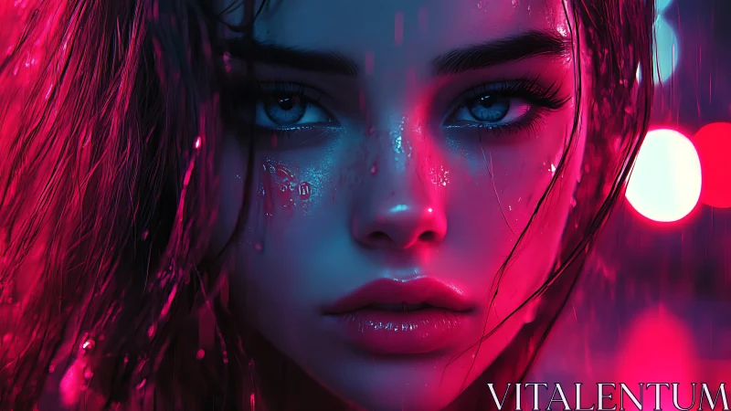 Neon drenched portrait with hyperreal wet-skin rendering.