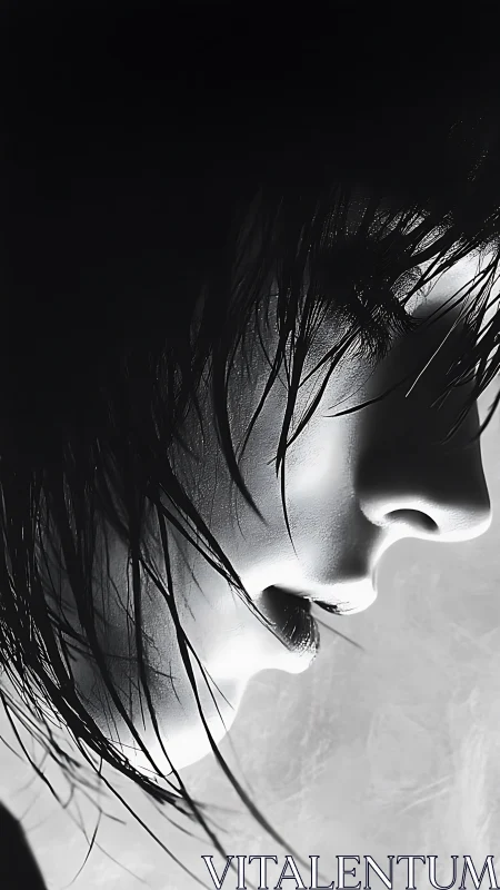 Monochrome side profile of wet haired person in shadow.