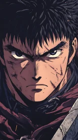 Close frontal portrait of scarred anime warrior in shadow