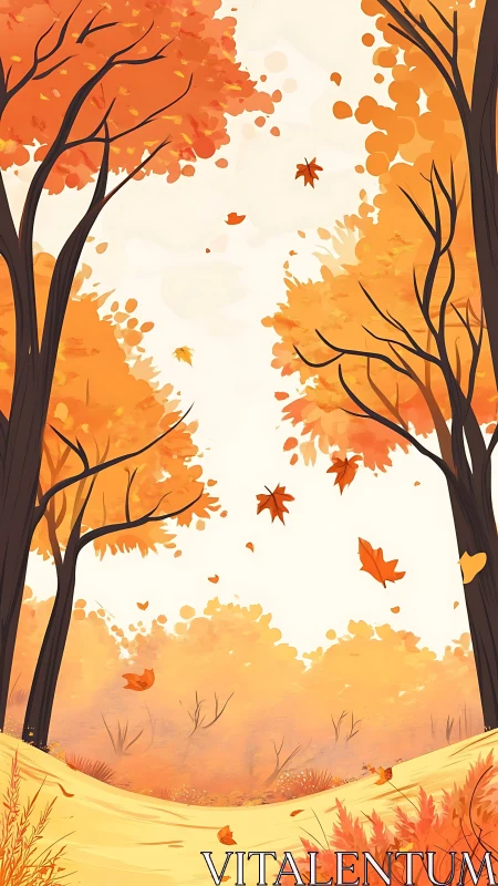 Autumn Forest Corridor with Falling Foliage and Golden Ground