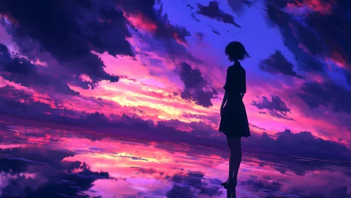 Solitary silhouette beneath blazing violet ocean sky.