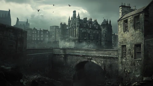 Dense historic urban bridge scene is rendered in muted tones