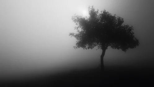 Quiet tree silhouette resting in soft silver morning fog.