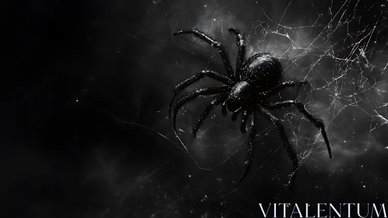 High-contrast macro rendering of glossy black spider on web in fog