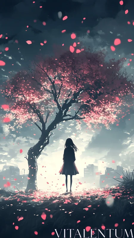 Silhouetted girl under cherry tree facing distant city.