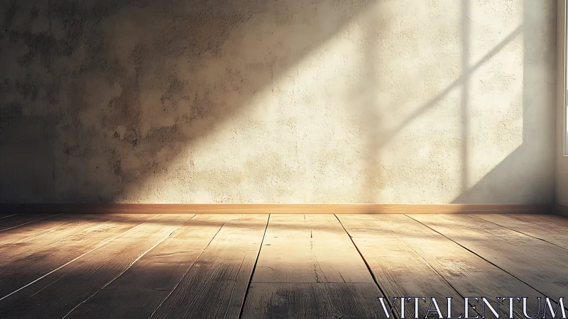 Sunlit empty room with textured wall and wood floor.