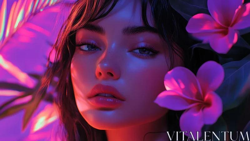 Neon-lit portrait of floral-framed face in chromatic gradient lighting.