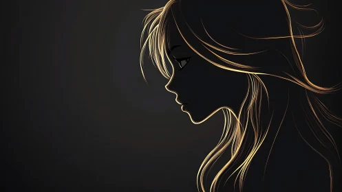 Profile silhouette of girl with glowing golden hair lines