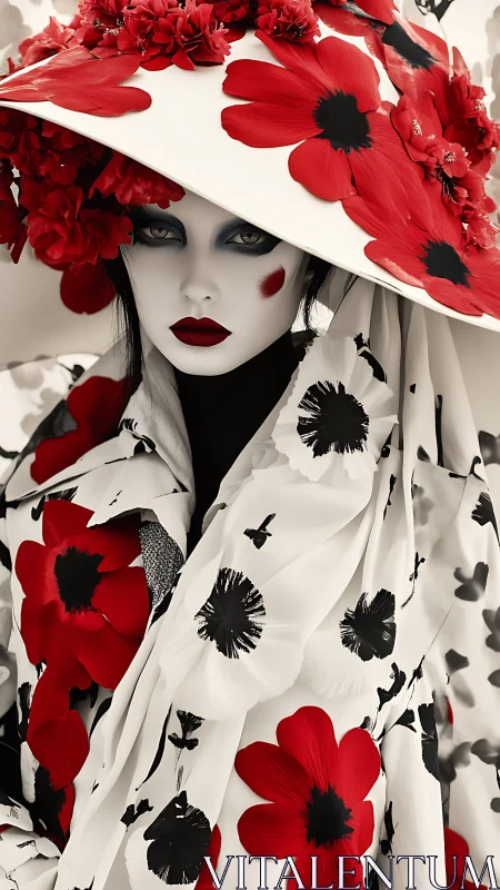 High-contrast floral portrait with stylized monochrome makeup and hat