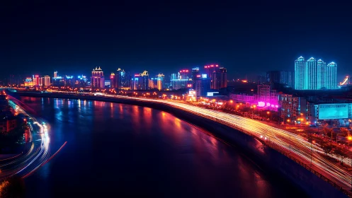 Neon riverfront skyline with dynamic light trail traffic.