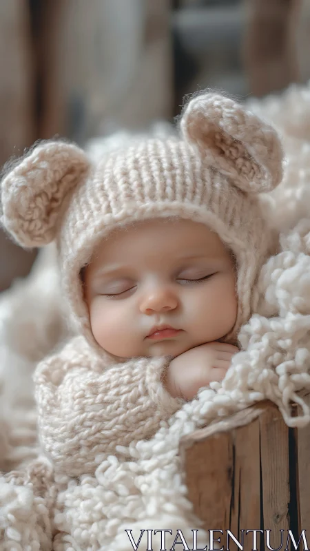 Dream-soft newborn in fuzzy bear knit cocoon of calm.