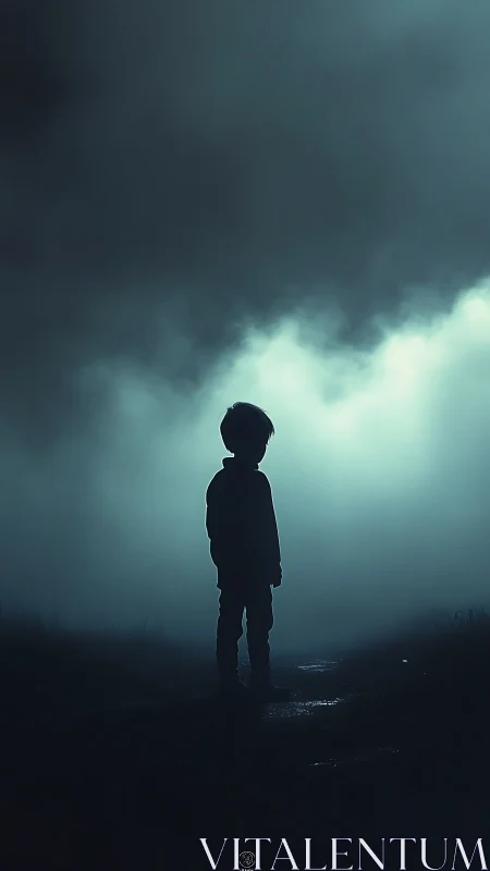 Child silhouette stands in misty backlight under looming storm