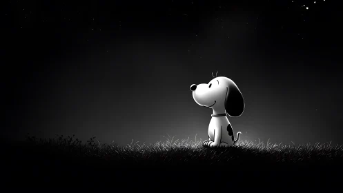 Cartoon dog sits in illuminated grass under a night sky