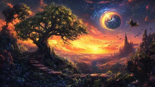 Celestial sunset realm with ancient tree and orbiting world.