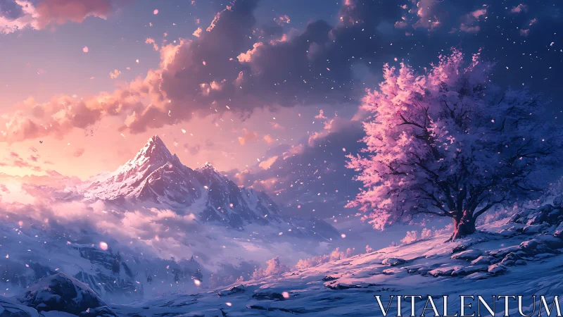 Blushing snow tree serenades a sunrise drenched mountain