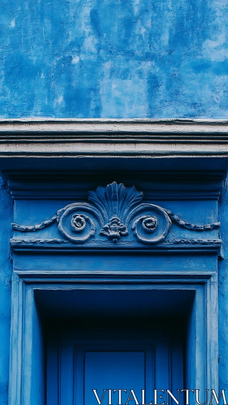 Serene blue doorway with ornate trim inviting quiet wonder.