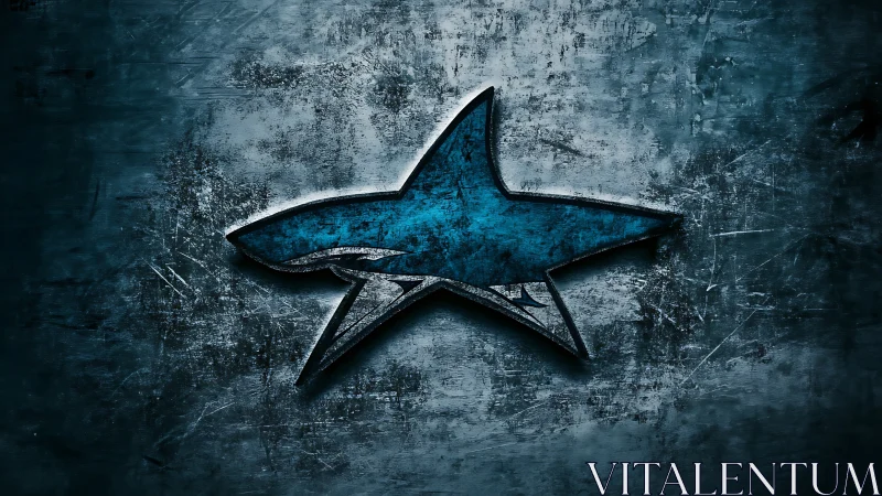 Blue shark emblem on scratched metallic textured background.